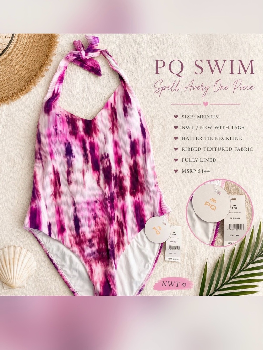 PQ Swim Pink and Purple Tie-Dye Halter One-Piece Swimsuit